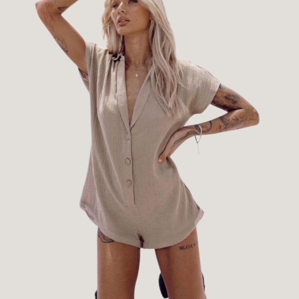 ICONE Par SIMONS Rare Taupe Gauze Organic Cotton Romper Shorts - Picture 2 of 16